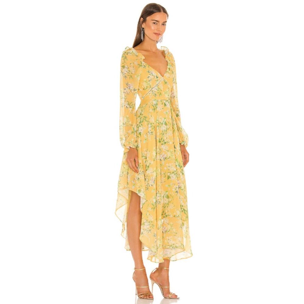 Sau Lee Georgia Long Sleeve V-Neck Floral Asymmetrical Hem Midi Dress Yellow-2